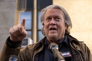 Ousted presidential adviser Steve Bannon is jumping into the Donald Trump/Elon Musk fray, publicly stating on Politico’s Playbook podcast that he will rip Musk’s “f-----g face off.”  (AP Photo | Yuki Iwamura)