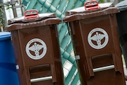 Two official NYC comoost bins are shown Wednesday, Oct. 2, 2024.