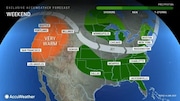 This AccuWeather graphic shows thunderstorms in the forecast for New York City on the weekend of Friday, June 6, 2025.