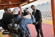 Assemblymember Zohran Mamdani, a mayoral candidate, shoots a promo video on the Staten Island Ferry Friday, May 30, 2025.