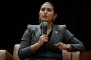 Sen. Jessica Ramos, D-East Elmhurst, speaks during the New York City Mayoral Candidates Forum at Medgar Evers College Wednesday, April 23, 2025, in New York. (AP Photo/Frank Franklin II)