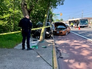 A SUV careens into a utility pole in a  multi-car crash on Hylan Boulevard at Keegans Lane on the morning of Tuesday, June 3, 2025.