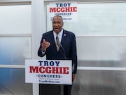 Troy McGhie, a former coach and educator, announces his candidacy for Staten Island's congressional seat Thursday, May 29, 2025.