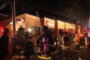 A fire burns a commercial building that includes the Island Coffee Shop at 407 Manor Road on Monday, June 10, 2024. (mmphotos2 for the Staten Island Advance)