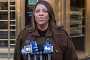 FILE - New York Attorney General Letitia James speaks during a news conference outside Manhattan federal court in New York on Friday, Feb. 14, 2025. (AP Photo/Yuki Iwamura, File)