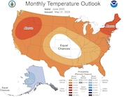 This monthly temperature outlook by the National Weather Service's Climate Prediction Center shows a likelihood of above-average temperatures in New York for the month of June.
