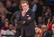 St. John's Red Storm head coach Rick Pitino watches his team play Seton Hall during the first half of a  Big East Tournament quarterfinal game, Thursday, March 14, 2024, in New York City.